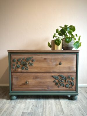 'Everett Bloom' - Ladekast groen/houtkleurig met bloemen B80xD44xH57 cm