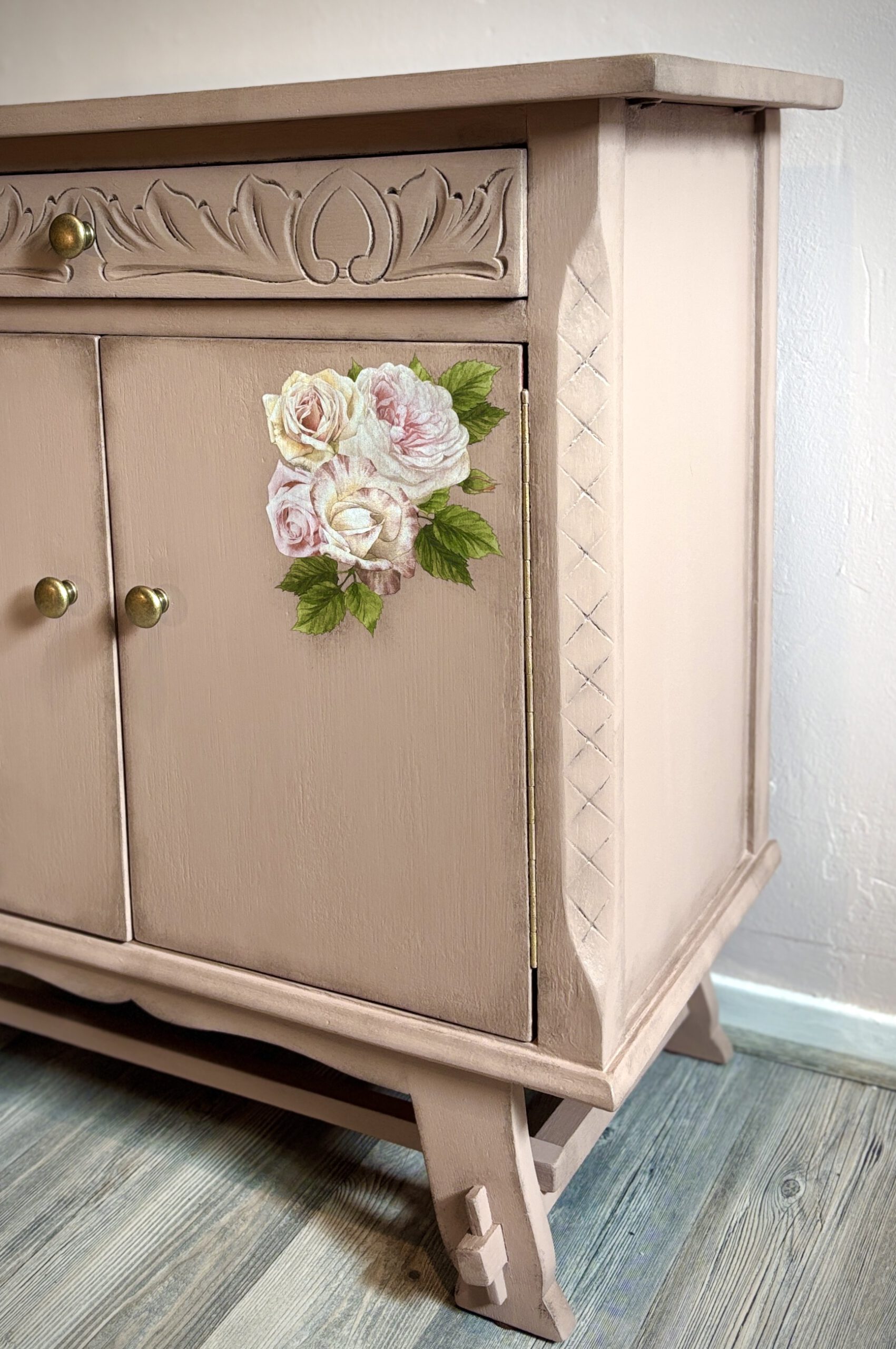 'Dusty Rose' - Oudroze kastje met bloemen transfer B65xD35xH64 cm - Afbeelding 9