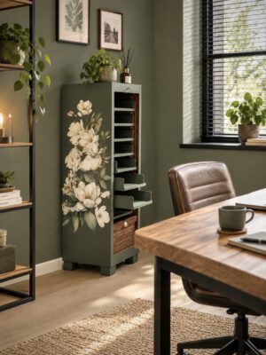 'Magnolia Secret' - Groen/ houtkleurige archiefkast met bloemen B46xD36xH114,5 - Afbeelding 2